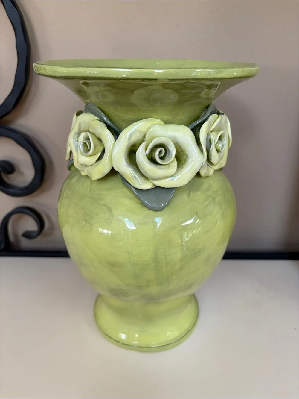 Vintage Glossy Lime Green Ceramic Rose Garland Vase